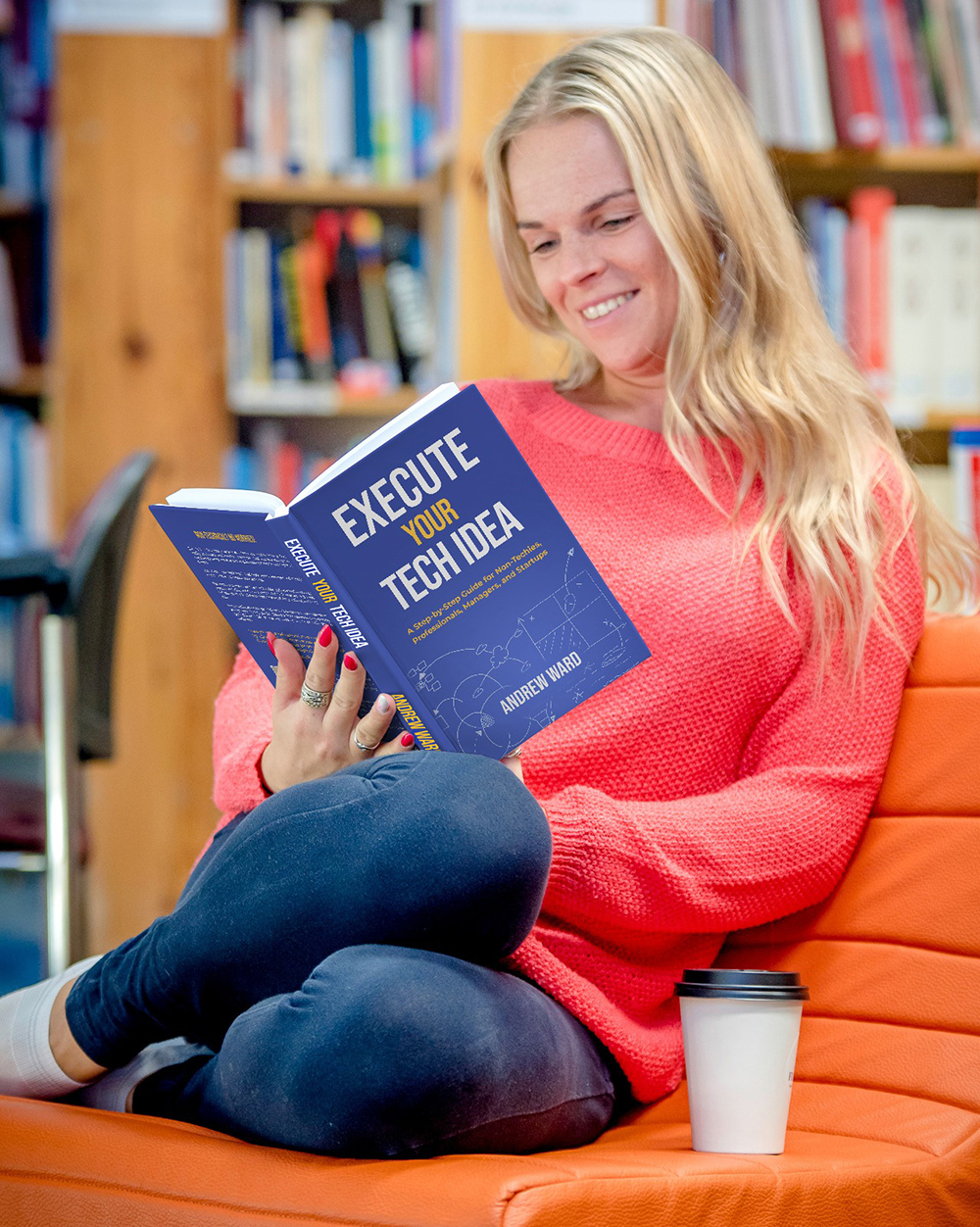 Lady reading Execute Your Tech Idea by Andrew Ward in a Library